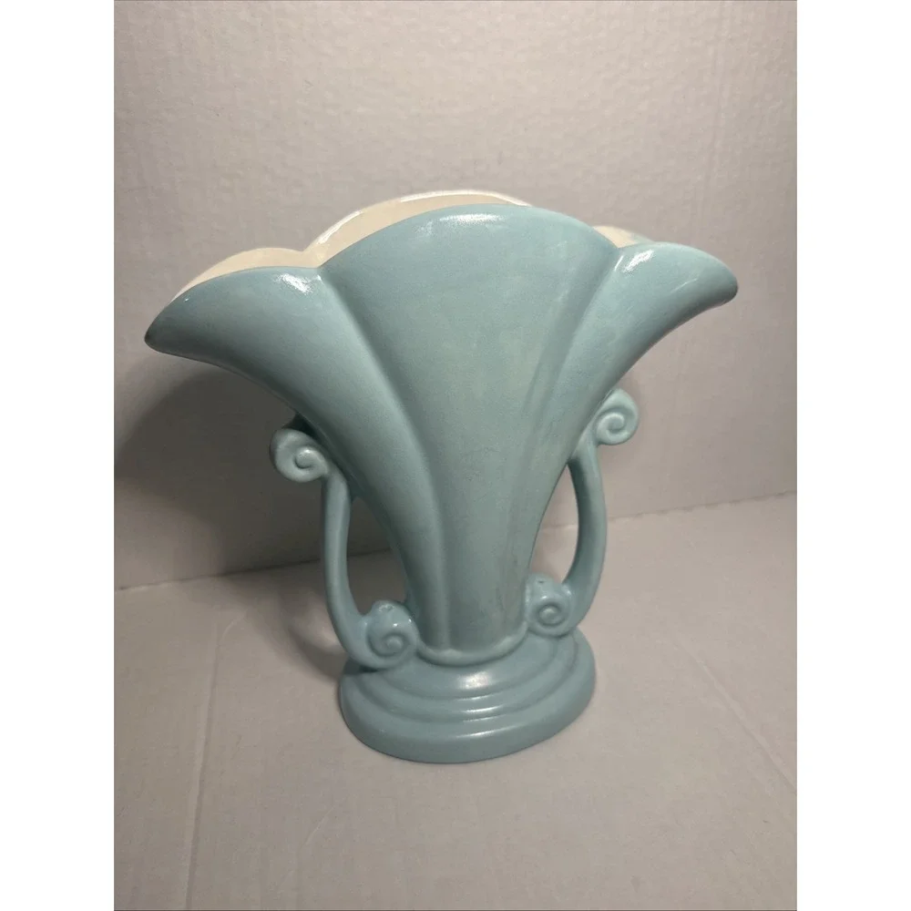 Vintage '72 Studio Art Deco Pottery Fan Vase Turquoise Scroll Handles Signed